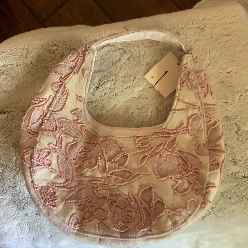a new day Cream and Pink Embroidered Hobo Bag